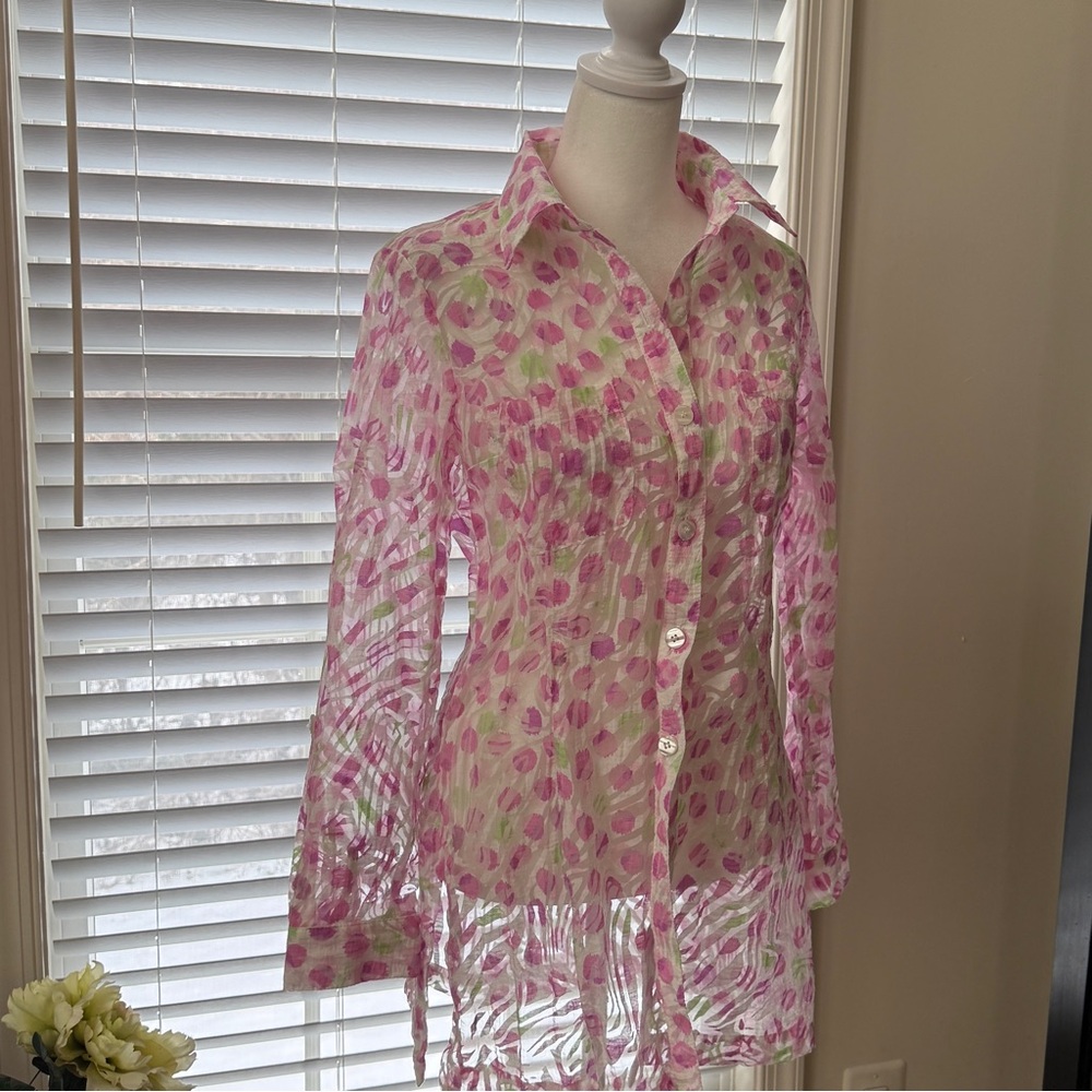 Cheryl Nash sheer white pink green blouse size small button front with pockets